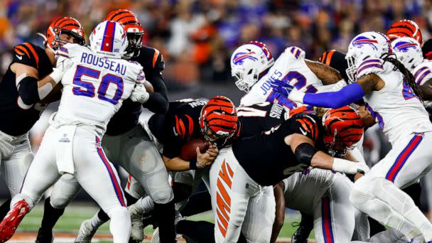PHOTO: In this Jan. 2, 2023, file photo, Joe Burrow of the Cincinnati Bengals carries the ball during an NFL football game against the Buffalo Bills at Paycor Stadium in Cincinnati, Ohio. (Kevin Sabitus/Getty Images, FILE)