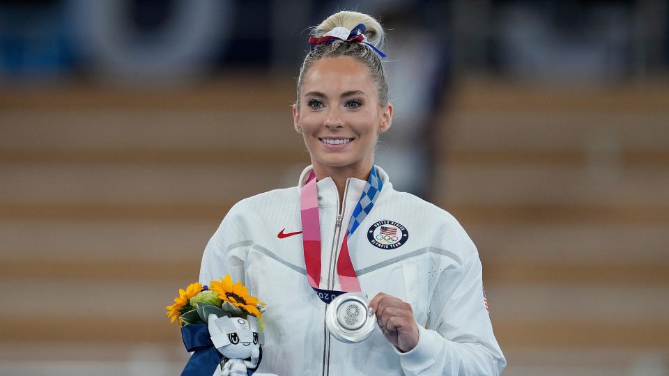 Mykayla Skinner poses after winning the silver medal in the vault during the women's gymnastics women's apparatus final at the Tokyo Olympics.