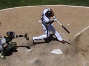 Jun 24, 2018; Chicago, IL, USA; Chicago White Sox first baseman Jose Abreu (79) hits an RBI single against the Oakland Athletics during the fifth inning at Guaranteed Rate Field. Mandatory Credit: David Banks-USA TODAY Sports