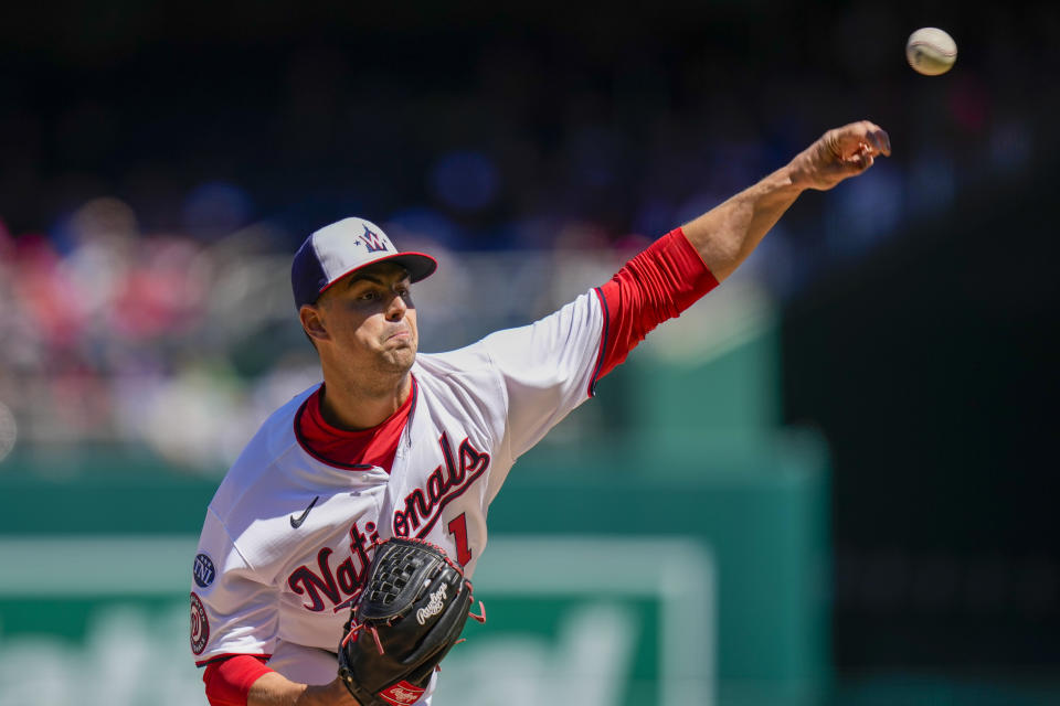 Washington Nationals starting pitcher MacKenzie Gore throws during the first inning of a baseball game against the Atlanta Braves at Nationals Park, Sunday, April 2, 2023, in Washington. (AP Photo/Alex Brandon)