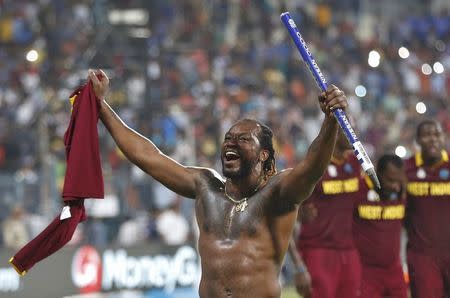 Cricket - England v West Indies - World Twenty20 cricket tournament final - Kolkata, India - 03/04/2016. West Indies Chris Gayle celebrates after they won the final. REUTERS/Adnan Abidi