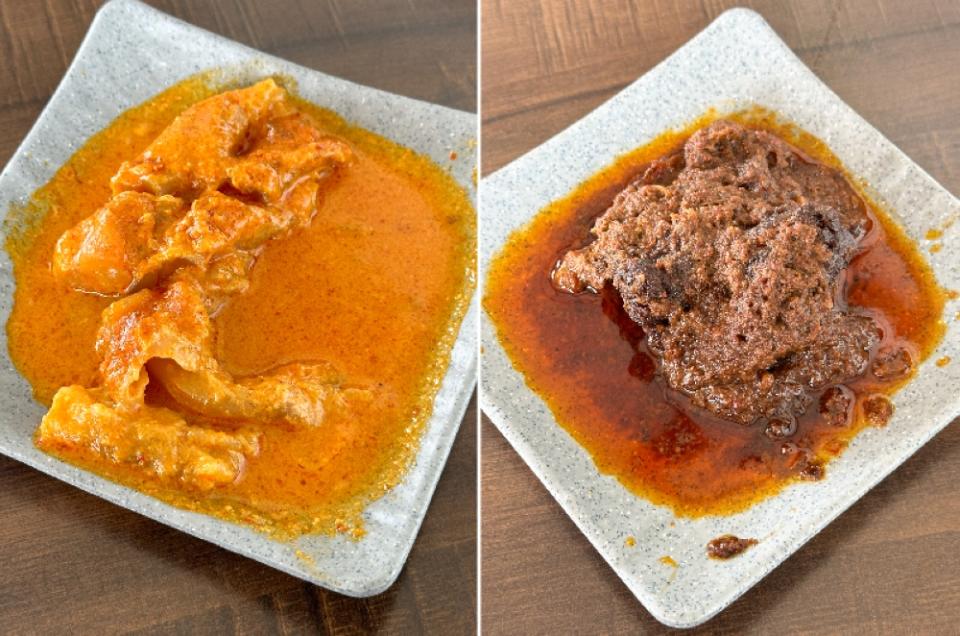 Gulai Tunjang doesn't look great but the tendons are soft and gelatinous (left). 'Daging rendang' has chunks of beef that can tear apart with a fork (right)