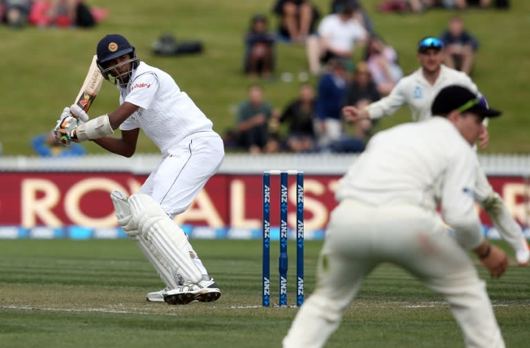 Angelo Mathews of Sri Lanka plays a shot during day one of the International Test against New Zealand in Hamilton on December 18, 2015