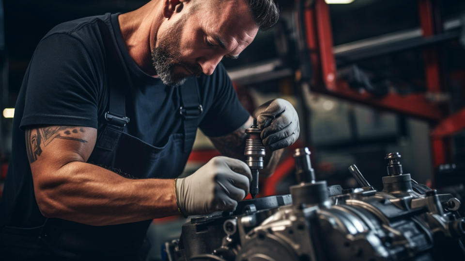 A mechanic working on a car in an auto shop, skillfully replacing the aftermarket parts.