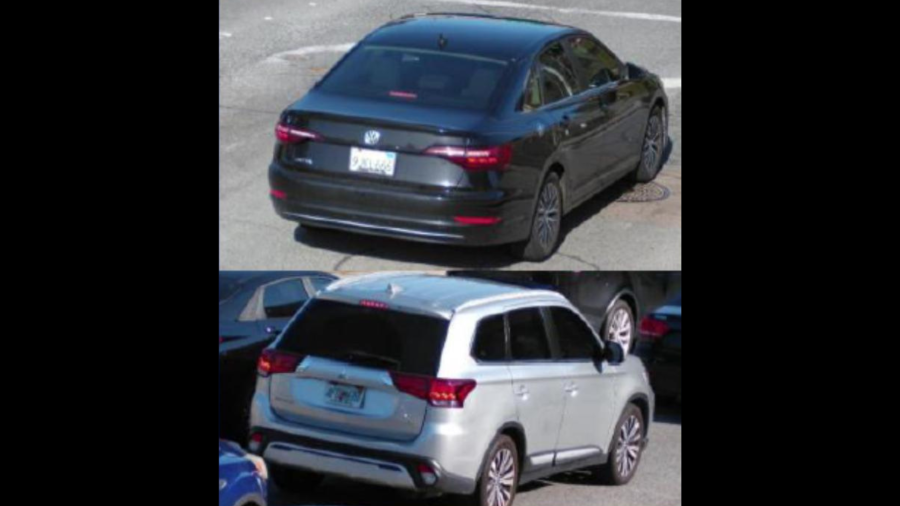 The suspects' getaway vehicles — a gray Mitsubishi Outlander SUV and a black Volkswagen Passat sedan. (Irvine Police Department)