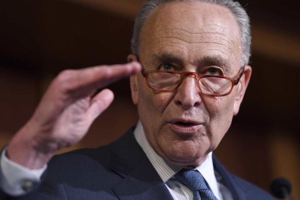 Senate Minority Leader Sen. Chuck Schumer of N.Y., speaks during a news conference on Capitol Hill in Washington, Wednesday, Feb. 5, 2020, following a vote in the Senate to acquit President Donald Trump on both articles of impeachment. (AP Photo/Susan Walsh)