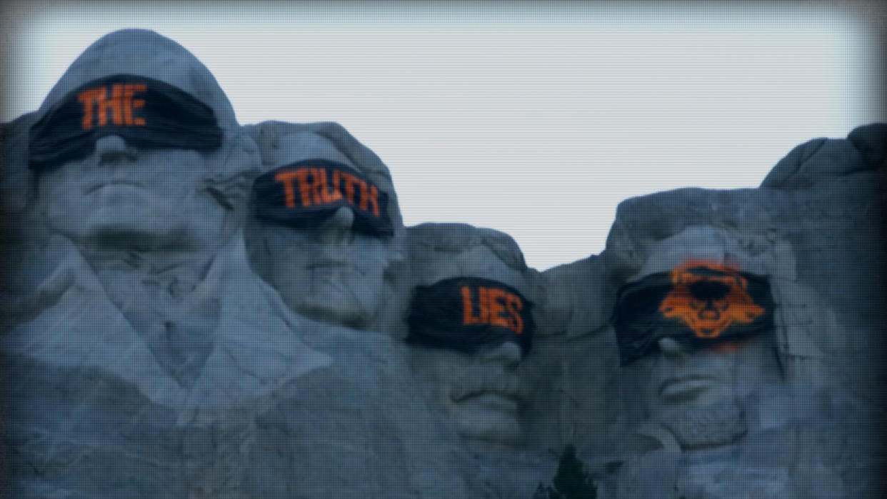  Call of Duty 2024 teaser image: Mount Rushmore presidents with blindfolds spelling out "the truth lies". 