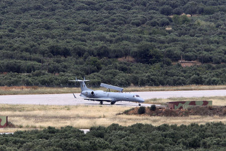 A Hellenic Air Force Erieye EMB-145H AEW&C aircraft taxis on tarmac after landing at the 133rd Hellenic Air Force Base in Kasteli on the island of Crete, Greece, May 20, 2016. REUTERS/Stefanos Rapanis