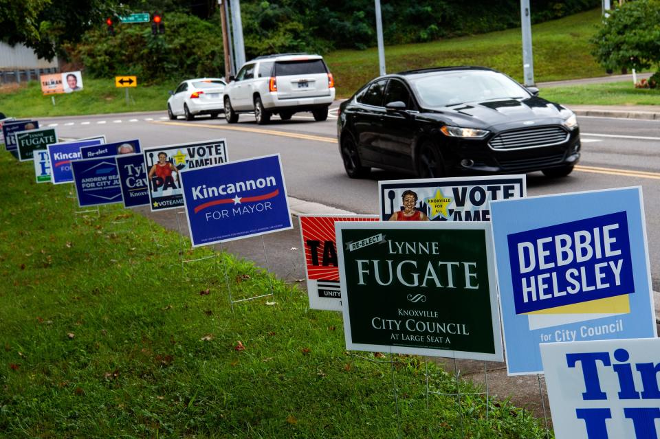 Campaign signs can be posted outside polling sites, such as these at the Deane Hill Recreation Center on primary election day in August, but they have to be a set distance away from the entrance.