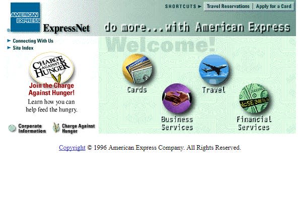 icons on a sea foam green background on the Amex website in 1996