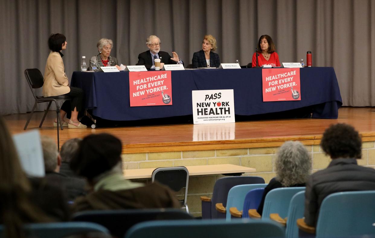 From left: Betty Kolod, M.D., MPH, an internist and chair of the Executive Committee of the PNHP (Physicians for a National Health Program) NY Metro; Betty Rosenthal, M.D, retired dermatologist and board member of the PNHP - NY Metro; Dick Gottfried, a retired NY assembly health committee chair and lead sponsor and author of the NY Health Act; New York Senator Shelley Mayer, 37th district and Judy Sheridan-Gonzalez, RN, past president of the New York State Nurses Association are pictured during a town hall meeting on the New York Health Act at the Yonkers Public Library - Grinton I. Will branch, April 27, 2024.