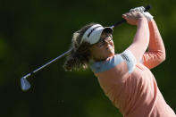 Brooke Henderson, of Canada, hits off the 15th tee during the first round of the LPGA Cognizant Founders Cup golf tournament, Thursday, May 9, 2024, in Clifton, N.J. (AP Photo/Seth Wenig)