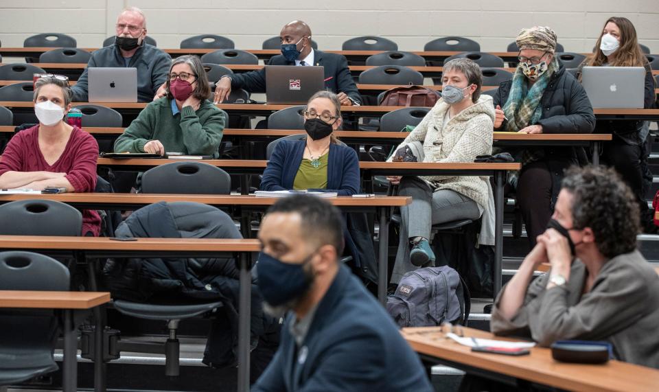 University of Louisville faculty members met to discuss the school's administration's refusal to allow professors to move their classes online. They have been threatened with discipline if they do. Jan. 10, 2022.