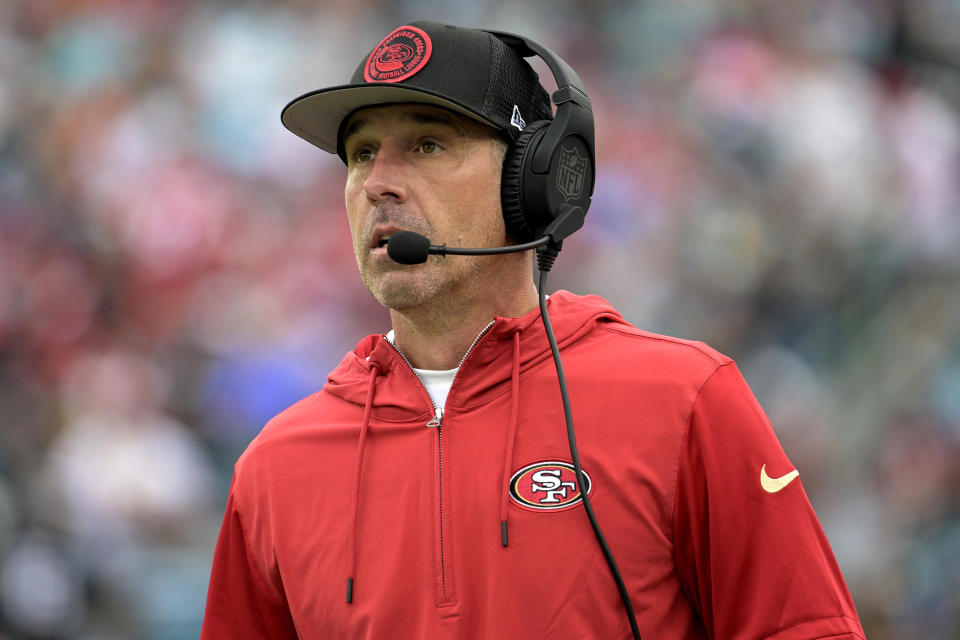 San Francisco 49ers head coach Kyle Shanahan 15during the first half of an NFL football game, Sunday, Nov. 12, 2023, in Jacksonville, Fla. (AP Photo/Phelan M. Ebenhack)