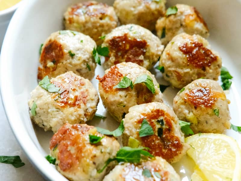 Turkey meatballs in dish.