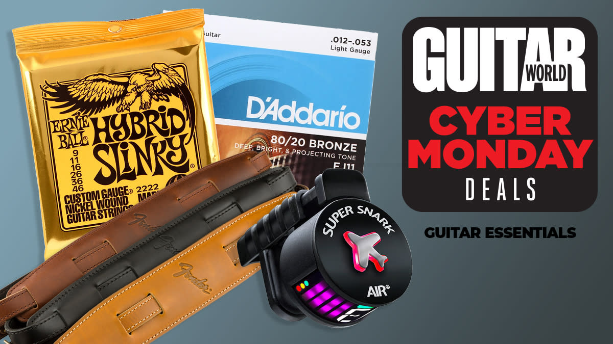  An assortment of guitar accessories, including Ernie Ball strings and Fender guitar straps. 