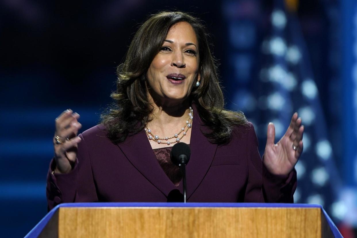 Senator Kamala Harris speaks during the third day of the Democratic National Convention: AP