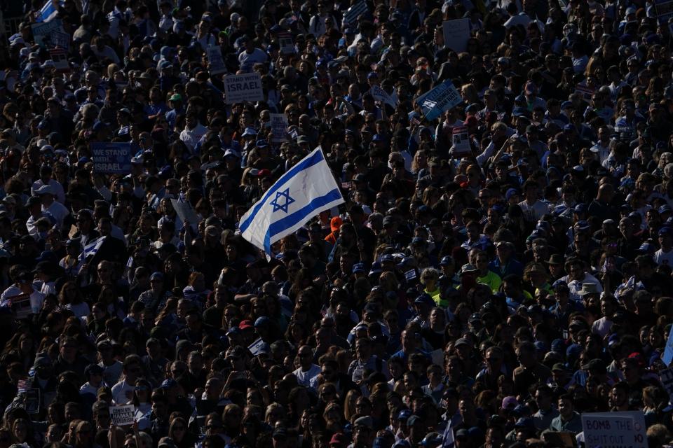 The Israeli flag is hoisted up at the rally. 