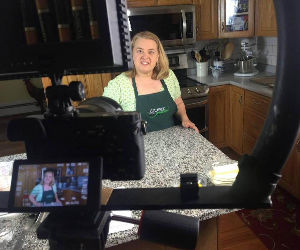 On set in Maria Lawton's kitchen. Lawton is the host of the TV-series, “Maria’s Portuguese Table” on PBS.