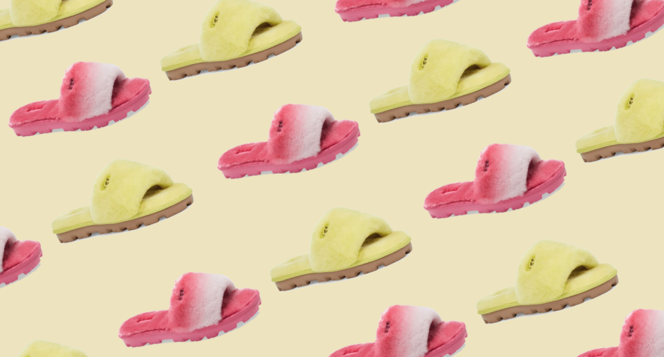 Collage featuring multiple pink and yellow Ugg slippers on a yellow background.