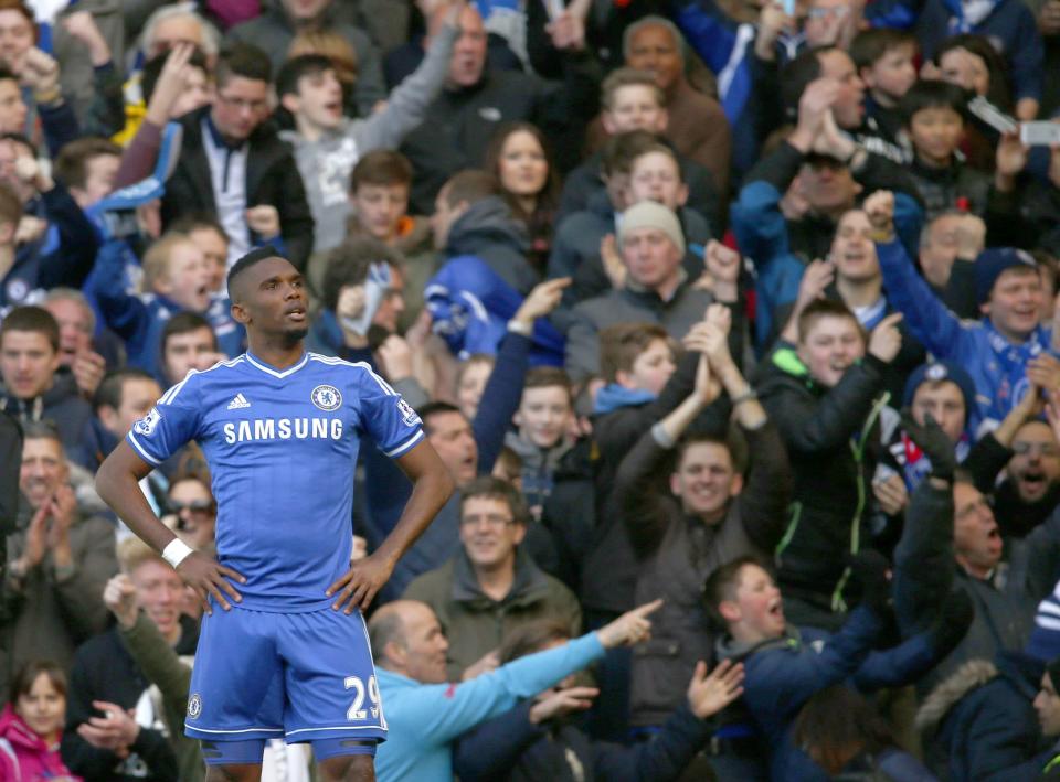 Chelsea's Eto'o celebrates after scoring a goal against Arsenal during their English Premier League soccer match at Stamford Bridge in London