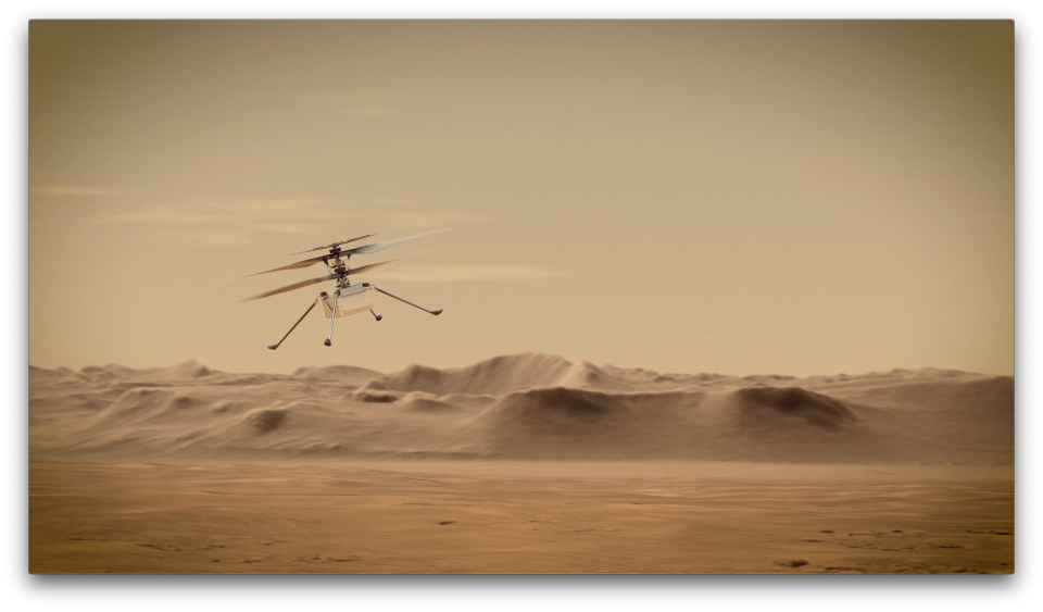 An artist's concept of NASA's Ingenuity Mars Helicopter flying through the red planet's skies. / Credit: NASA/JPL-Caltech