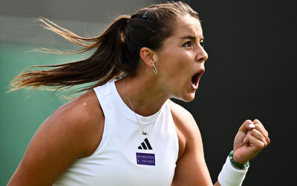 Jodie Burrage celebrates a point against Caty McNally - Jodie Burrage's big concern after first Wimbledon win? Finding a dog walker