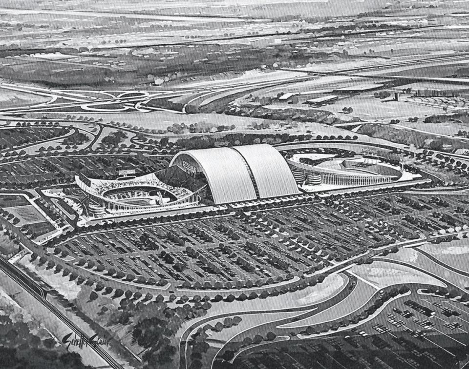 A designer’s concept from more than 50 years ago shows a rolling roof sitting on rails between the two stadiums at the Truman Sports Complex. File