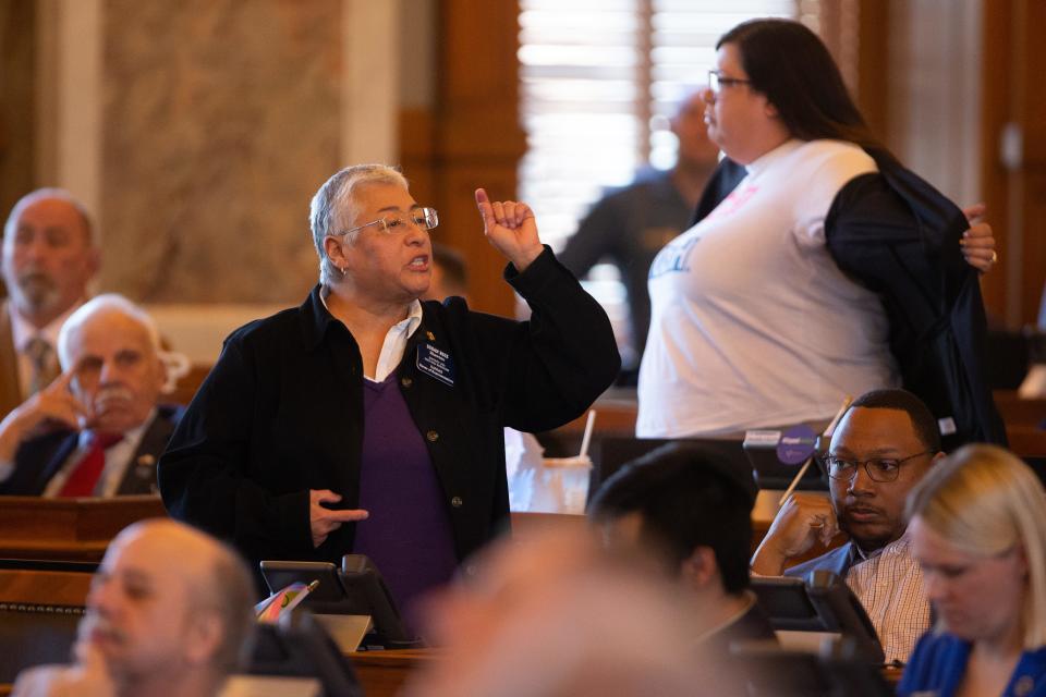 Rep. Susan Ruiz, D-Shawnee, joins Rep. Heather Meyer, D-Overland Park, in calling out GOP legislative members following the vote to override Gov. Laura Kelly's veto on a bill banning transgender athletes in the state on April 5, 2023.