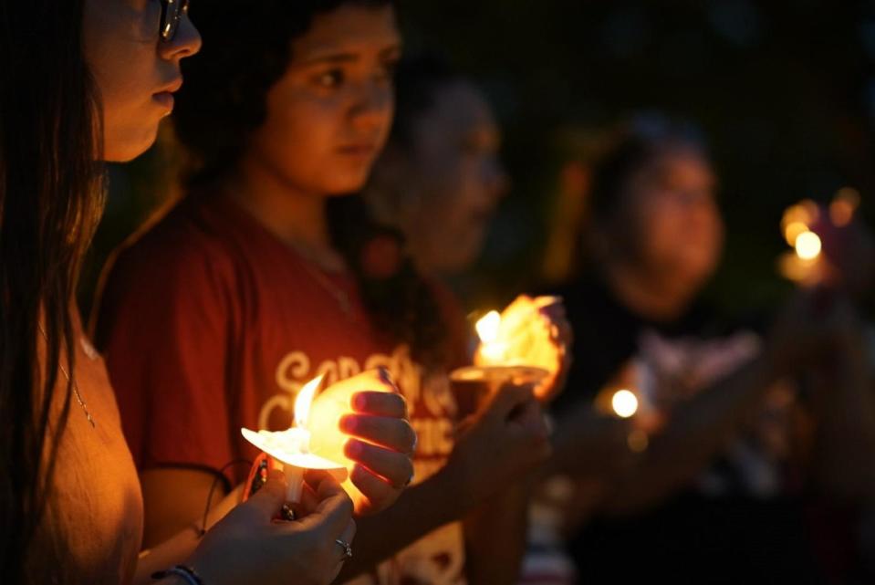 PHOTO: People attend a vigil to mourn for victims of a school mass shooting at Town Square in Uvalde, Texas, May 29, 2022.  (Wu Xiaoling/Xinhua via Getty Images)