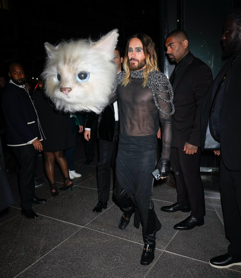 Jared Leto decided to bring his giant cat head along to the after party. Photo: Getty