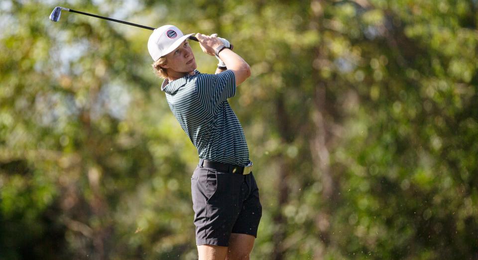 Connor Shea of the St. John Neumann golf team competes in the Region A-3 Golf Championships at Valencia Golf & Country Club in Naples on Tuesday, Oct. 31, 2023.