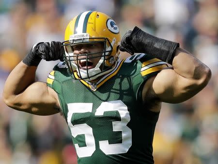 Sep 10, 2017; Green Bay, WI, USA; Green Bay Packers outside linebacker Nick Perry (53) celebrates a first half sack against the Seattle Seahawks in a NFL game at Lambeau Field. Mandatory Credit: William Glasheen/The Post-Crescent via USA TODAY Sports