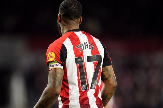 Brentford striker Ivan Toney in action against Brighton