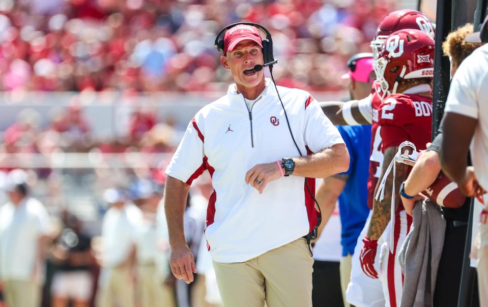 Oklahoma coach Brent Venables walks on the sideline during his team's game against Arkansas State at Gaylord Family-Oklahoma Memorial Stadium.