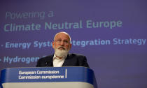 European Commissioner for European Green Deal Frans Timmermans speaks during a media conference at EU headquarters in Brussels, Wednesday, July 8, 2020. The EU wants to promote hydrogen produced from renewable electricity as part of its Green Deal plan to make the continent carbon neutral by 2050. (AP Photo/Virginia Mayo, Pool)