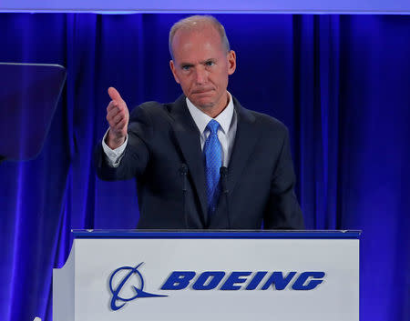 Boeing Co Chief Executive Dennis Muilenburg holds a news conference at the general annual shareholder meeting at the Field Museum in Chicago, Illinois, U.S., April 29, 2019. Jim Young/Pool via REUTERS