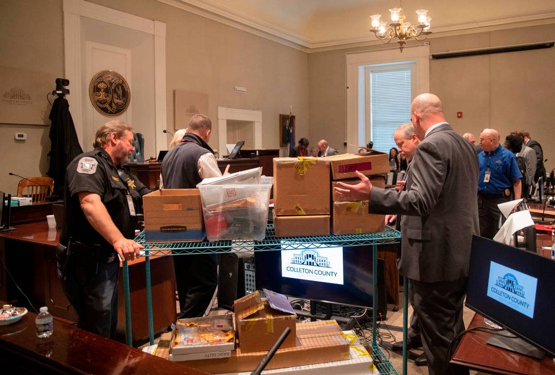 A cart is brought out to carry off evidence for the jury for deliberation during the murder trial of Alex Murdaugh at the Colleton County Courthouse in Walterboro on Thursday, March 2, 2023. Andrew J. Whitaker/The Post and Courier/Pool