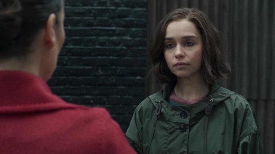 Emilia Clarke's Gi'ah in a green coat listens to Sonya on Secret Invasion