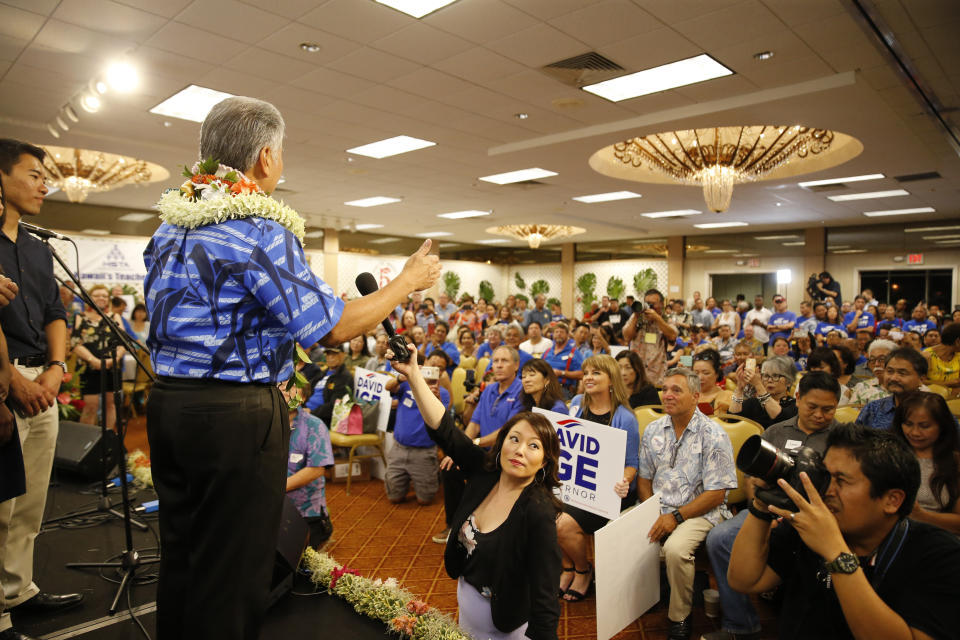 Hawaii Gov. David Ige speaks to supporters at his campaign headquarters, Saturday, Aug. 11, 2018, in Honolulu. (AP Photo/Marco Garcia)