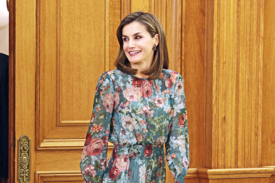 Queen Letizia of Spain wears Zara while attending audiences at Madrid’s Zarzuela Palace. (Photo: Getty Images)