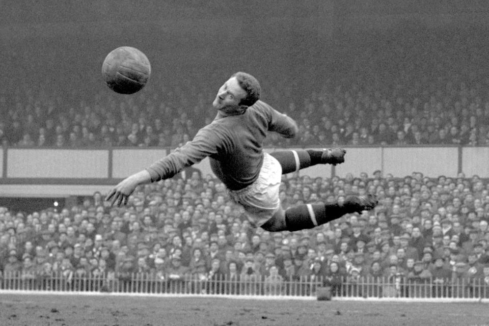 FILE - This March 22, 1958 file photo shows Manchester United goalkeeper Harry Gregg. Wire. Harry Gregg, the former Manchester United goalkeeper who was described as a “hero of Munich" for rescuing two teammates as well as a baby and her pregnant mother from the burning fuselage in the 1958 air disaster that killed 23 people, has died. He was 87. Gregg died peacefully in a hospital, surrounded by family, The Harry Gregg Foundation announced Monday Feb. 17, 2020. (PA via AP, File)