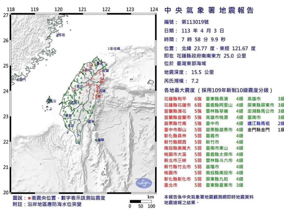 花蓮外海發生芮氏規模7.2地震，桃園最高5級，桃園市政府表示，桃園市地震災害應變中心三級開設，由消防局進駐守視及彙整訊息中。不過目前桃園市消防局尚未接獲任何災情。（翻攝照片）