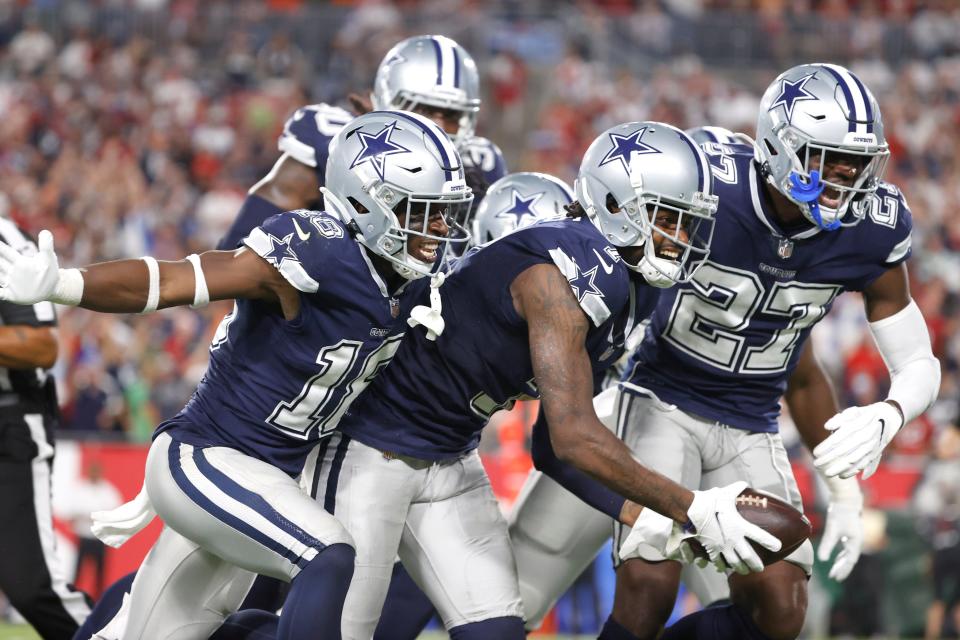 Dallas Cowboys cornerback Trevon Diggs (7) celebrates after intercepting a pass against the Tampa Bay Buccaneers during the first half at Raymond James Stadium.