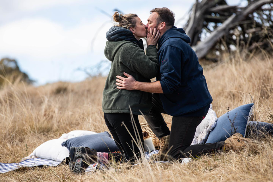 Farmer Wants A Wife’s Andrew Guthrie and Jess Nathan kissing after getting engaged.