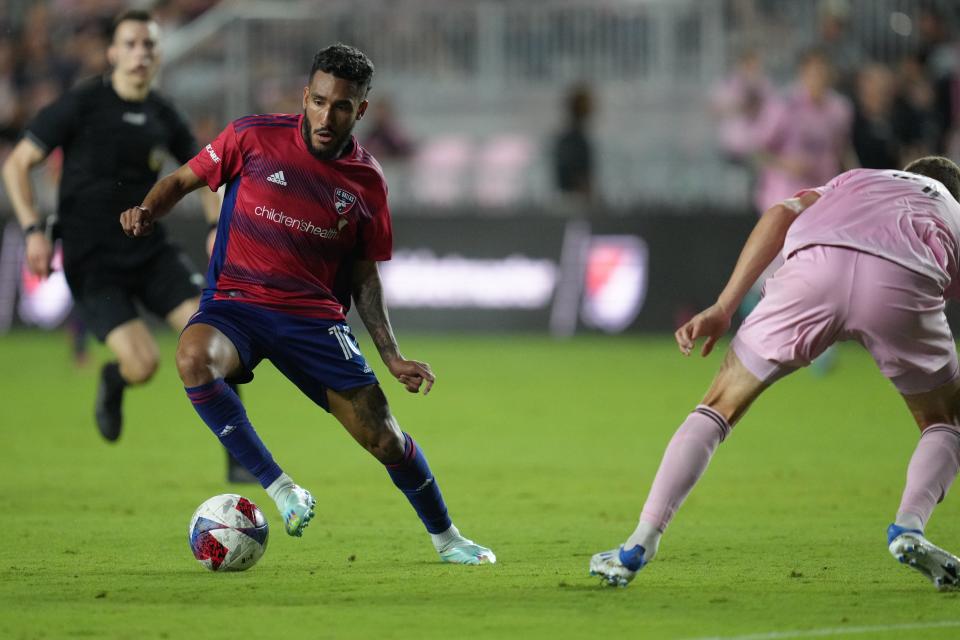 FC Dallas forward Jesus Ferreira (10) creates space against Inter Miami during the first half at DRV PNK Stadium in Fort Lauderdale on April 8, 2023.