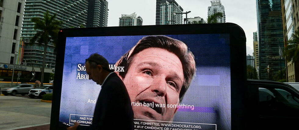 Devant l'hôtel Four Season de Miami (Floride), le 24 mai 2023, quelques heures avant l'annonce de la candidature du gouverneur républicain Ron DeSantis à la présidentielle de 2024.  - Credit:Ghandan Khanna/AFP