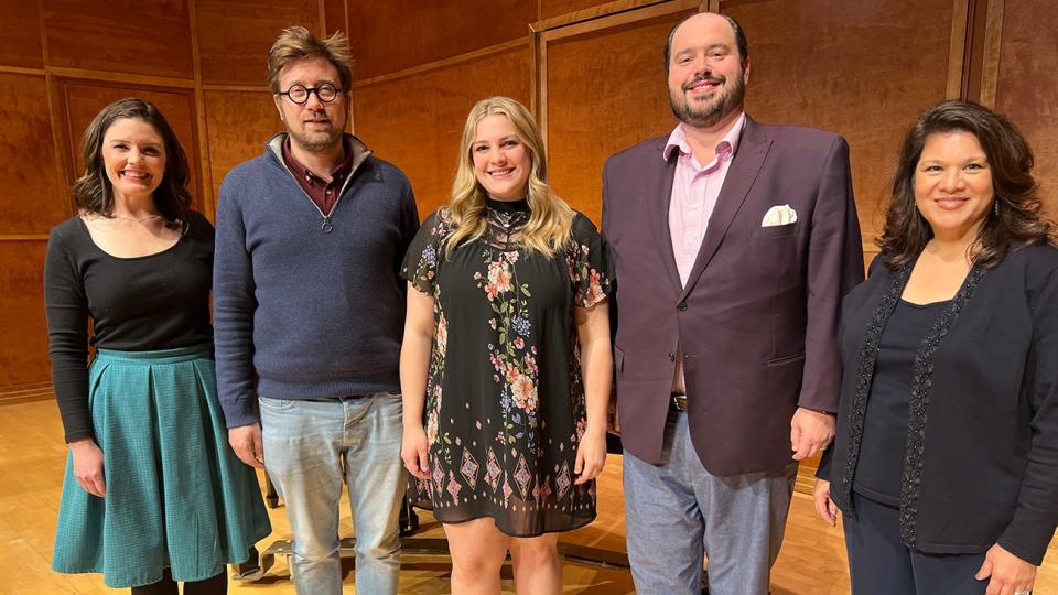 Taylor Lindley, center, a graduate student in music from Pampa, was named the winner of the first Eric Barry Vocal Competition on March 7. Also pictured are, from left, Sarah Beckham-Turner, assistant professor of voice and WT Opera director; George Jackson, music director and conductor of the Amarillo Symphony; Barry; and Melody Rich, a member of Amarillo College’s voice faculty. Jackson, Barry and Rich were the contest's judges.