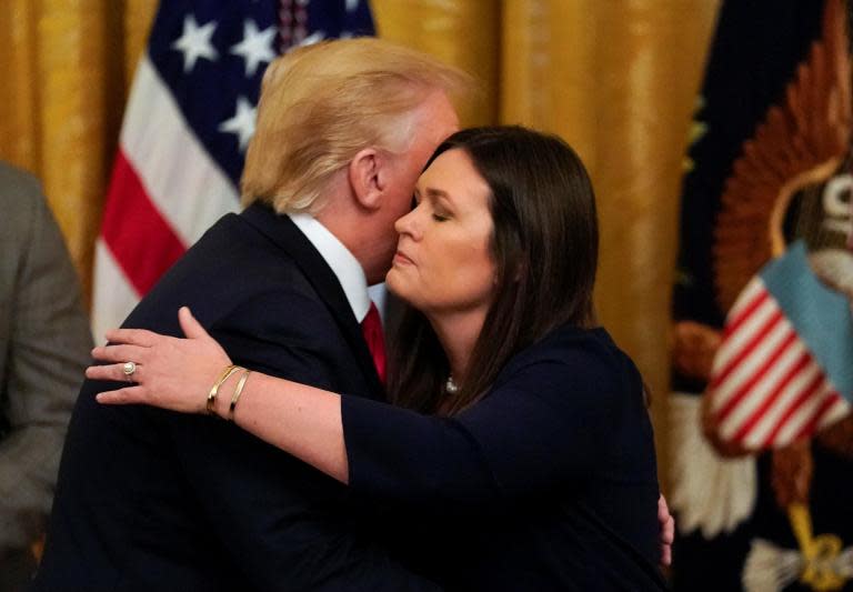 Donald Trump has praised his “warrior” of a press secretary, as the search begins for a replacement to Sarah Sanders.The president announced this week that Ms Sanders, a combative spokesperson who declined to deny Mr Trump’s claim the media was “the enemy of the people”, would be stepping down at the end of the month.Almost as soon as it was announced Ms Sanders, 36, would be leaving, speculation turned to who would replace her, in what has traditionally been one of the highest-profile jobs in the administration. There was also speculation, partly encouraged by Mr Trump, that Ms Sanders would seek to become governor of her home state of Arkansas.On Friday, Mr Trump was asked about possible replacements.“I know a lot of people that want it and they’re a lot of great people and sometimes you have so many that it makes it more difficult,” he said, praising Ms Sanders as a “warrior”.He was asked about first lady Melania Trump’s spokesperson Stephanie Grisham, and former White House communications director Anthony Scaramucci, who asked to be referred to by his nickname ”The Mooch”, who recently said he would not turn the job down if he were to be offered it again.“Well, I like Anthony and he’s been very nice and all, but I think he should stay where he is right now,” Mr Trump said. “But Anthony really is a good guy, Stephanie is terrific. We have a lot of great people, we have a lot of good people to choose from.”Ms Grisham has been part of the Trump communications operation since the presidential campaign began, one of just a handful of his original team, which also includes Dan Scavino, Stephen Miller and Kellyanne Conway.Reuters said according to a confidant of the president, Mr Trump has four leading candidates under consideration.In addition to Ms Grisham, these were deputy White House press secretary Hogan Gidley, former state department spokeswoman Heather Nauert, and outgoing treasury department spokesman Tony Sayegh.Ms Gidley, a long-time Republican operative, is currently Ms Sanders’ principal deputy. Ms Nauert has been talked about in the past as a candidate for the press secretary position. She had been a potential pick for the position of US ambassador to the United Nations when Nikki Haley stepped down, but withdrew from consideration.Mr Sayegh has been the well-regarded spokesman for treasury secretary Steven Mnuchin and has been talked about in the past for a White House communications position, Reuters said.Mr Trump told Fox News: “Sometimes you have so many that it makes it more difficult. But we have some great – But Sarah was fantastic, and she is fantastic. She’s going to have a tremendous future.She has been a warrior, in a sense.”