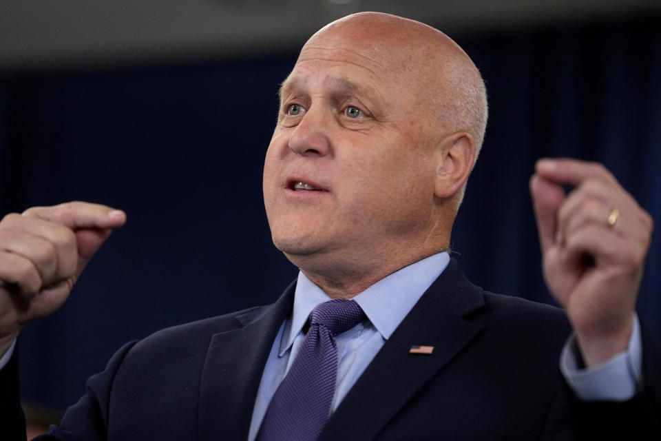 White House Infrastructure Implementation Coordinator Mitch Landrieu speaks at the Capitol, Thursday, April 6, 2023, in Phoenix. Landrieu was discussing newly announced water conservation funding for Gila River Indian Community and water users across the Colorado River Basin aimed to protect the stability and sustainability of the Colorado River System. (AP Photo/Matt York)
